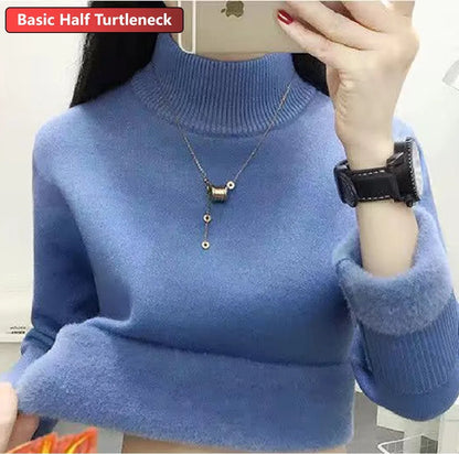 Turtleneck Winter Sweater Women Elegant Thicken Velvet Lined Warm Sueter Knitted Pullover Slim Tops Jersey Knitwear Jumper New - Smarsty