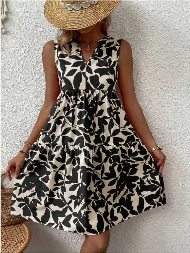 Women Boho Print Mini Dress Summer Elegant Sleeveless V Neck Ruffle A Line Tank Dress Casual Loose Oversize Beach Party Sundress - Smarsty