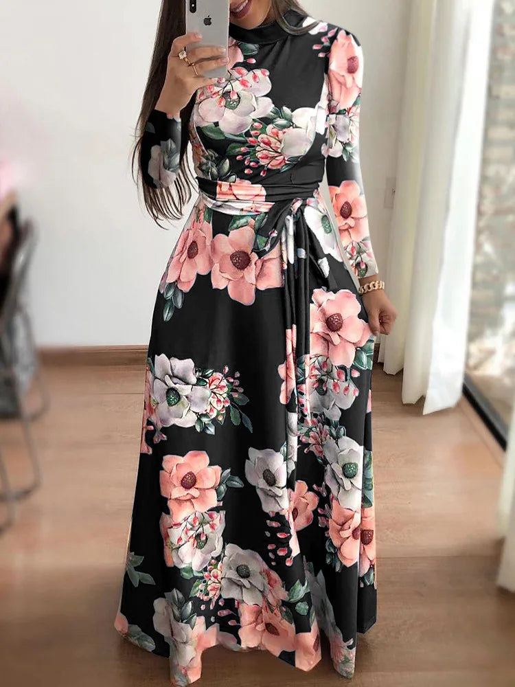 Women's Slim Dresses Casual Long Sleeve Round Neck Flower Printed Dress Strap Floor-Length Long Skirt Women's Clothing - Smarsty