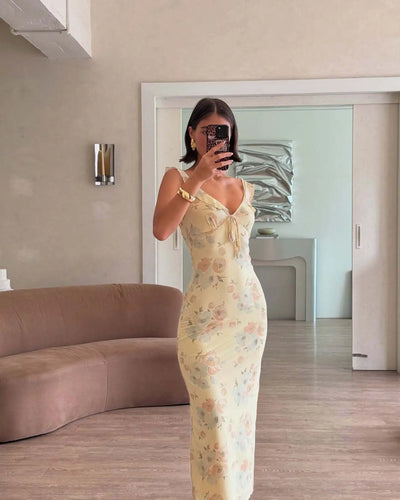 Cryptographic Summer Floral Print Plunge Maxi Dress Outfits Sexy Backless Fairy Sun Dresses Vacation Beachwear Vestido Coquette - Smarsty