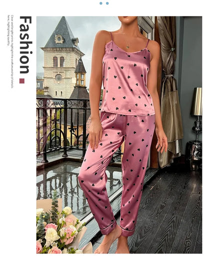 Women Satin Silk Pajamas Sets Letter Print Cami Vest Shirt With Trouser Sleepwear Ladie Sexy Pajama Lingerie Pyjamas Nightwear - Smarsty
