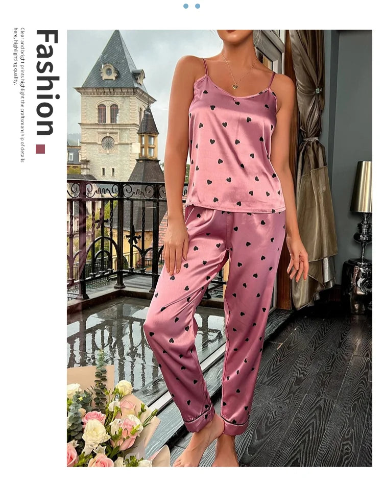 Women Satin Silk Pajamas Sets Letter Print Cami Vest Shirt With Trouser Sleepwear Ladie Sexy Pajama Lingerie Pyjamas Nightwear - Smarsty