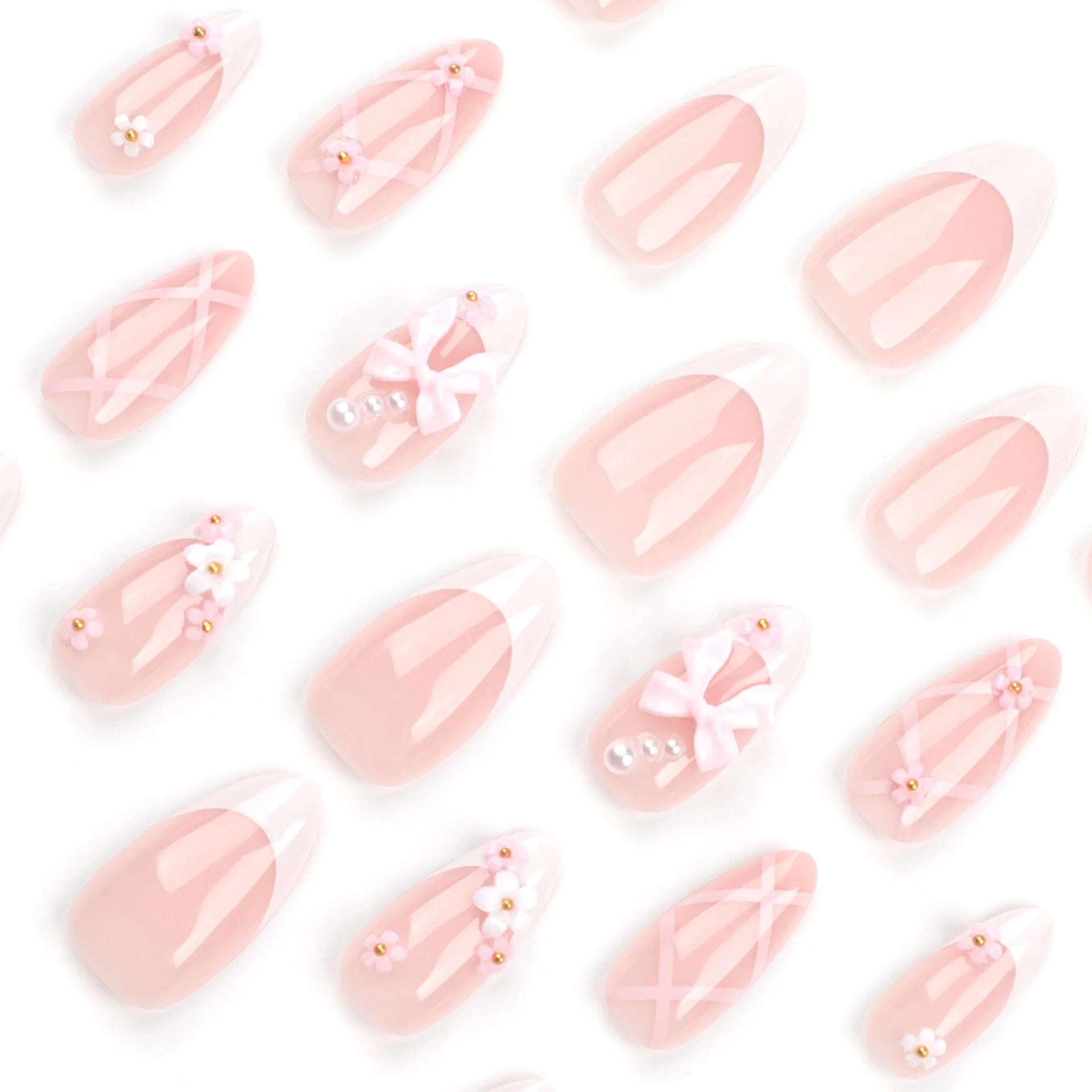 24Pcs French Fake Nails with Pink Bow Design - Smarsty