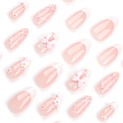24Pcs French Fake Nails with Pink Bow Design - Smarsty