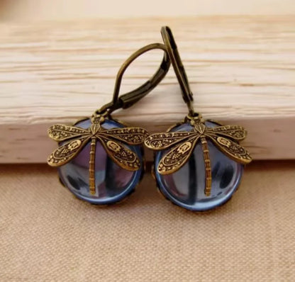 Vintage Bronze Dragonfly Drop Earrings with Moonstone Accent - Smarsty