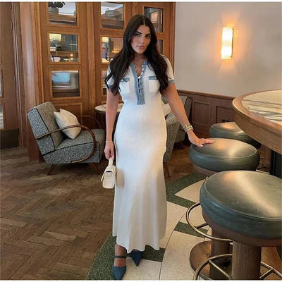 Elegant Contrasting Women Knit Maxi Dress Chic O-neck Short Sleeve Metal Buttons Bodycon Dresses Office Lady Commuting Robe - Smarsty