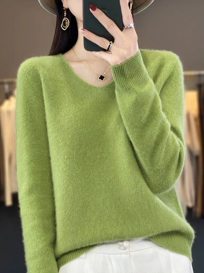 Fashion100% Merino Wool Sweater Cashmere  Pullover Women Knitwear V-Neck Long Sleeve  Autumn Winter Fashion Basic Clothing  Tops - Smarsty