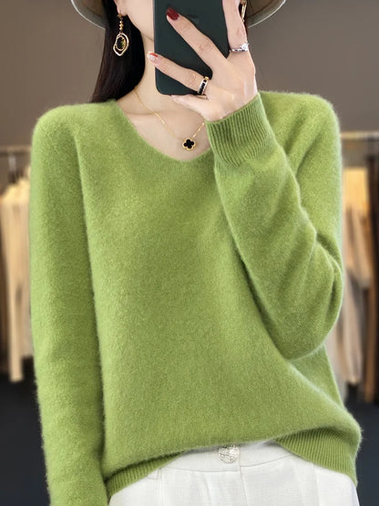 Fashion100% Merino Wool Sweater Cashmere  Pullover Women Knitwear V-Neck Long Sleeve  Autumn Winter Fashion Basic Clothing  Tops - Smarsty