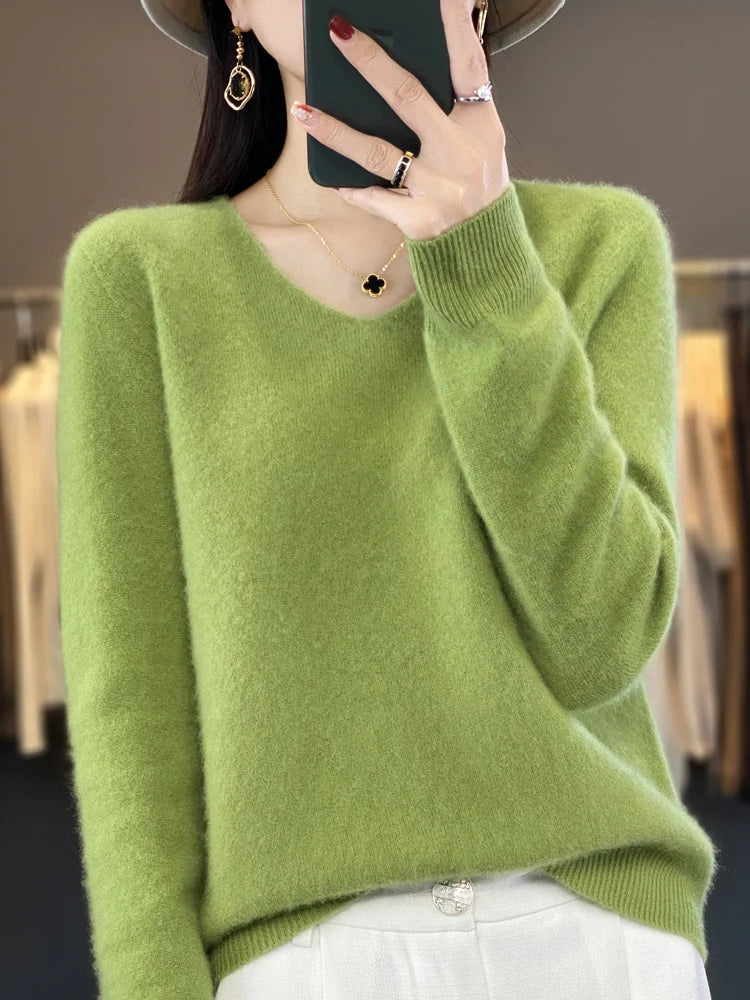 Fashion100% Merino Wool Sweater Cashmere  Pullover Women Knitwear V-Neck Long Sleeve  Autumn Winter Fashion Basic Clothing  Tops - Smarsty