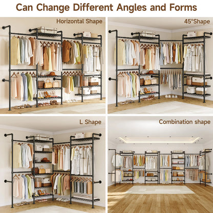 L4 Wall Mounted Industrial Pipe  Clothes Rack, Closet Organizer System with Rods Expandable, Clothing Rack, Corner Garment Rack