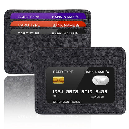 Minimalist Slim Credit Card Holder with Transparent ID Window, Small Leather Card Wallet for Women Men