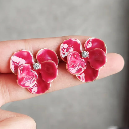 Enamel Flower Stud Earrings Cute Crystal Five Petal - Smarsty