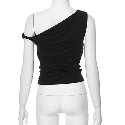 Simple Basic Casual Summer Tank Top Sleeveless Solid Color Off Shoulder Side Ruched Crop Tops Vestidos Spring Women T S - Smarsty