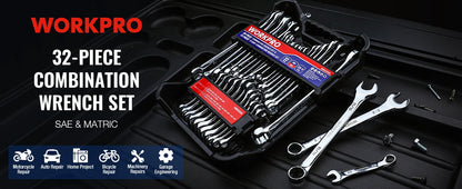 WORKPRO 32-Piece SAE & Metric Combination Wrenches Set, 20-Piece Standard wrenches and 12-Piece Stubby Wrenches with Organizer