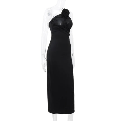 WhereMery Elegant Women Solid Sleeveless Slim Dress Aesthetic Oblique Strap Backless Prom Dresses Fashion Evening Party Clothing - Smarsty