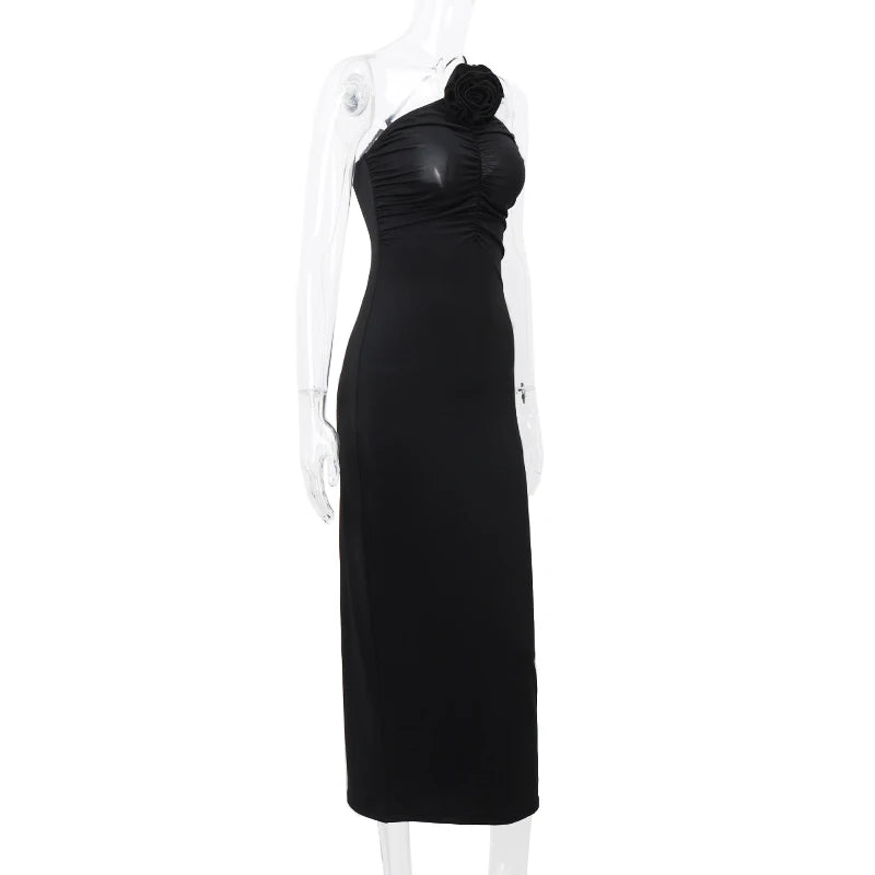 WhereMery Elegant Women Solid Sleeveless Slim Dress Aesthetic Oblique Strap Backless Prom Dresses Fashion Evening Party Clothing - Smarsty