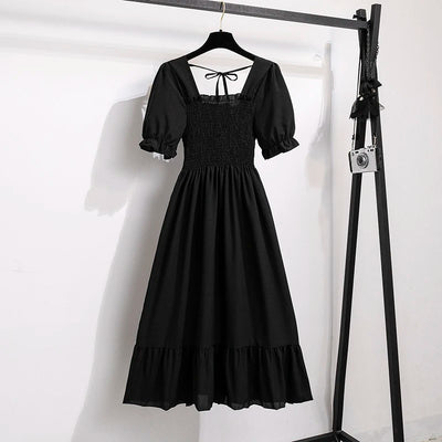 Spring Summer Chiffon Dresses Fashion Female Elastic Waist Short Sleeve Pleated Casual Dress Women A-line Dresses Vestidos - Smarsty