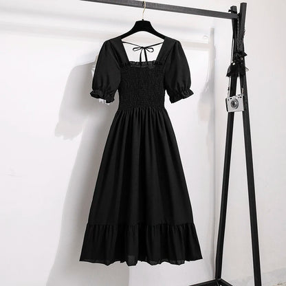 Spring Summer Chiffon Dresses Fashion Female Elastic Waist Short Sleeve Pleated Casual Dress Women A-line Dresses Vestidos - Smarsty