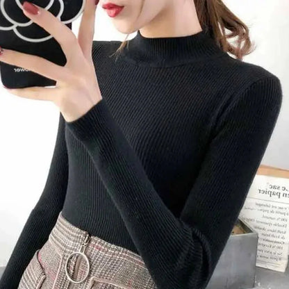 Autumn Winter Mock Neck Women Sweater Vintage Basic Solid Knitted Tops Casual Slim Pullover Korean Sweaters Simple Chic Jumpers - Smarsty