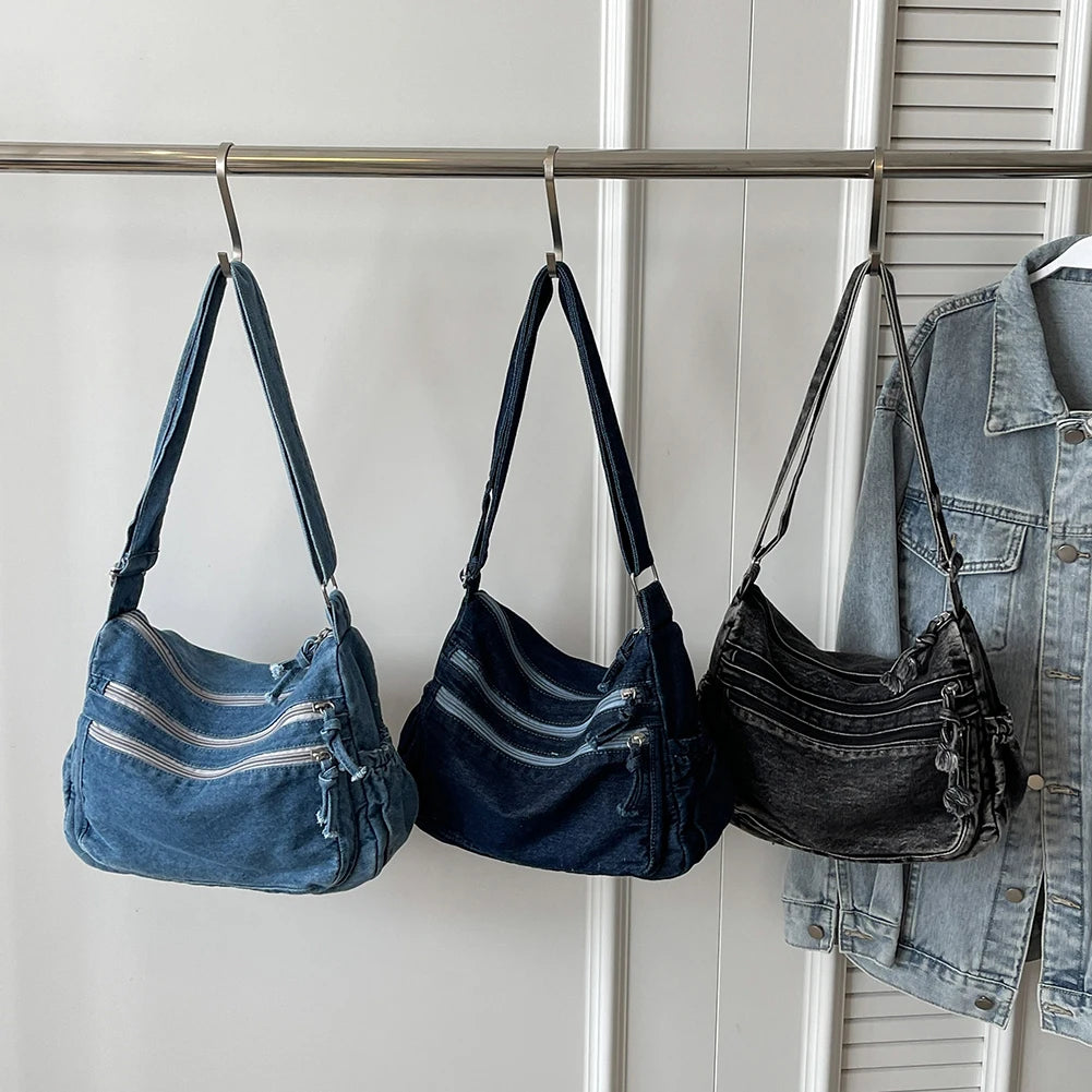 Vintage Denim Shoulder Bag Large Capacity Satchel For Women - Smarsty