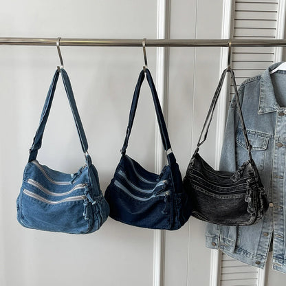 Vintage Denim Shoulder Bag Large Capacity Satchel For Women - Smarsty