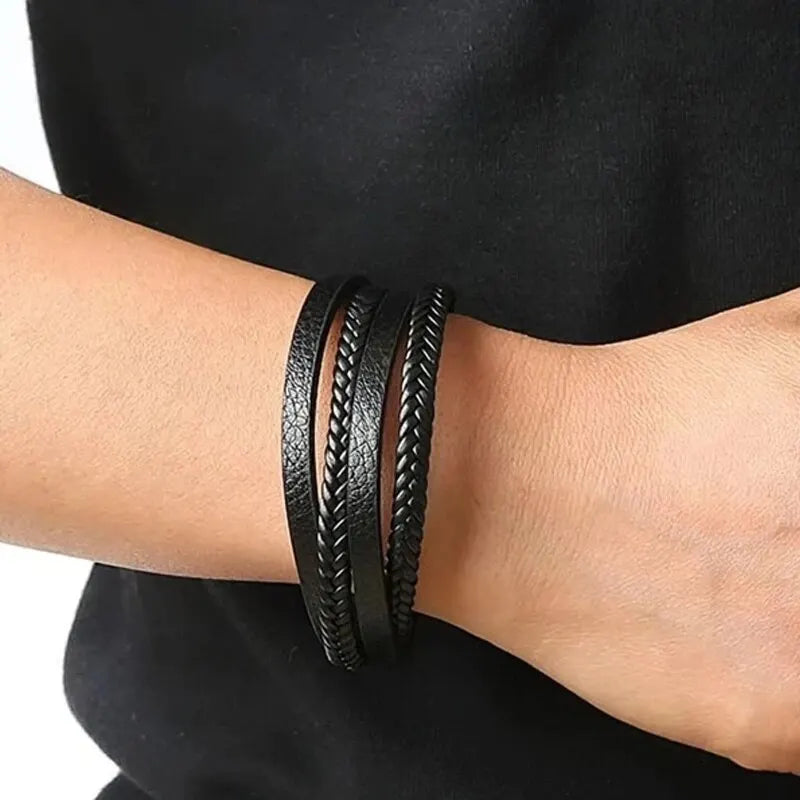 Men's Leather Braided Bracelets Stainless Steel Durable - Smarsty