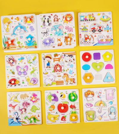 Wooden Puzzle Montessori Toys for Kids Cartoon Animal Traffic Hand Grab Boards Early Learning Educational Toys for Children - Smarsty