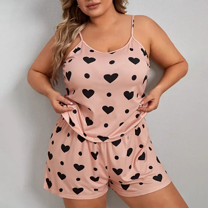 Plus Size Heart Print Women Pajama Set Sleeveless O Neck Crop Top & Elastic Waist Shorts 2 Pieces Female Sleepwear Nightwear - Smarsty