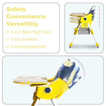 Foldable Baby High Chair 4-in-1 Foldable Reclining Feeding Table Chair Seat 7 Heights With Toyrack Easy To Clean Feeding