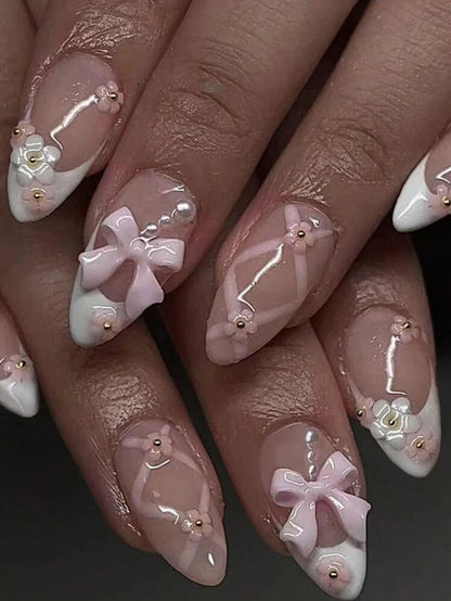 Pink Bowknot Stiletto Press On Nails 24PCS Full Cover - Smarsty