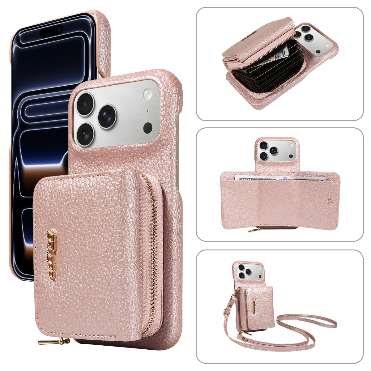 Crossbody PU Leather Phone Case for IPhone17 16 15 14 13 12 11pro Max Plus Mini Air 16e with Stand & Card Slots Wallet Cover