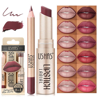 USHAS 12 Color Lip Liner and Lipstick Set Long Lasting Matte Finish - Smarsty