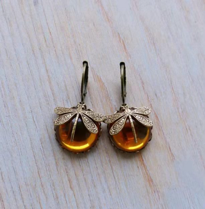Vintage Bronze Dragonfly Drop Earrings with Moonstone Accent - Smarsty