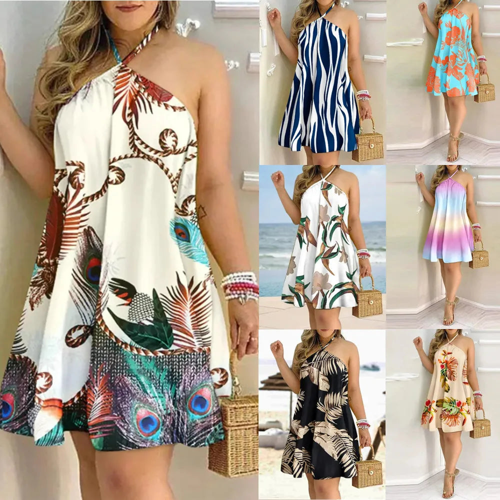Tropical Print Halter Neck Dress, Vacation Style Backless Dress For Spring & Summer, Women's Clothing - Smarsty