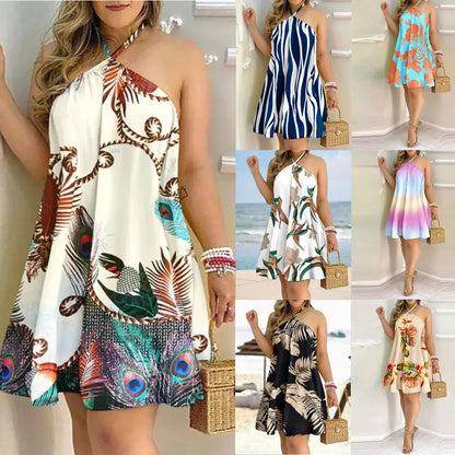 Tropical Print Halter Neck Dress, Vacation Style Backless Dress For Spring & Summer, Women's Clothing - Smarsty