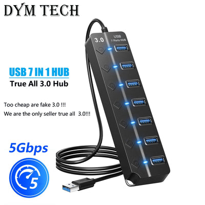 USB 3.0 Hub 7 Port High Speed Powered Switch Cable - Smarsty