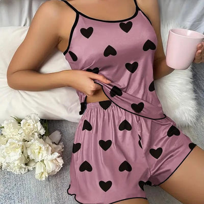 Women's Pajama Set Pajamas T-Shirts Shorts Pink Heart-Shaped Print Round Neck T-Shirt Ice Silk Top Comfortable Casual Summer ﻿ - Smarsty