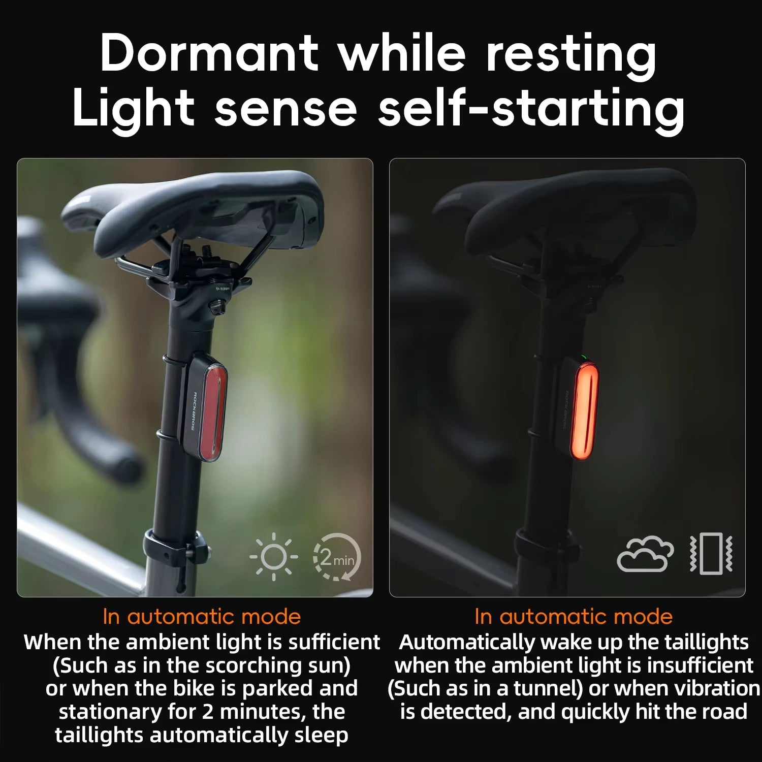 ROCKBROS Bicycle Light Magnetic Smart Tail Light Type-C Charge 7 modes 400mAh LED Lamp Beads Intelligent Brake Sensor Function