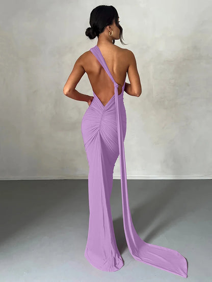 Hugcitar One Shoulder Backless Adjustable Scarf Loop Ruched Sexy Maxi Dress Women Elegant Y2K Streetwear Festival Outfit - Smarsty
