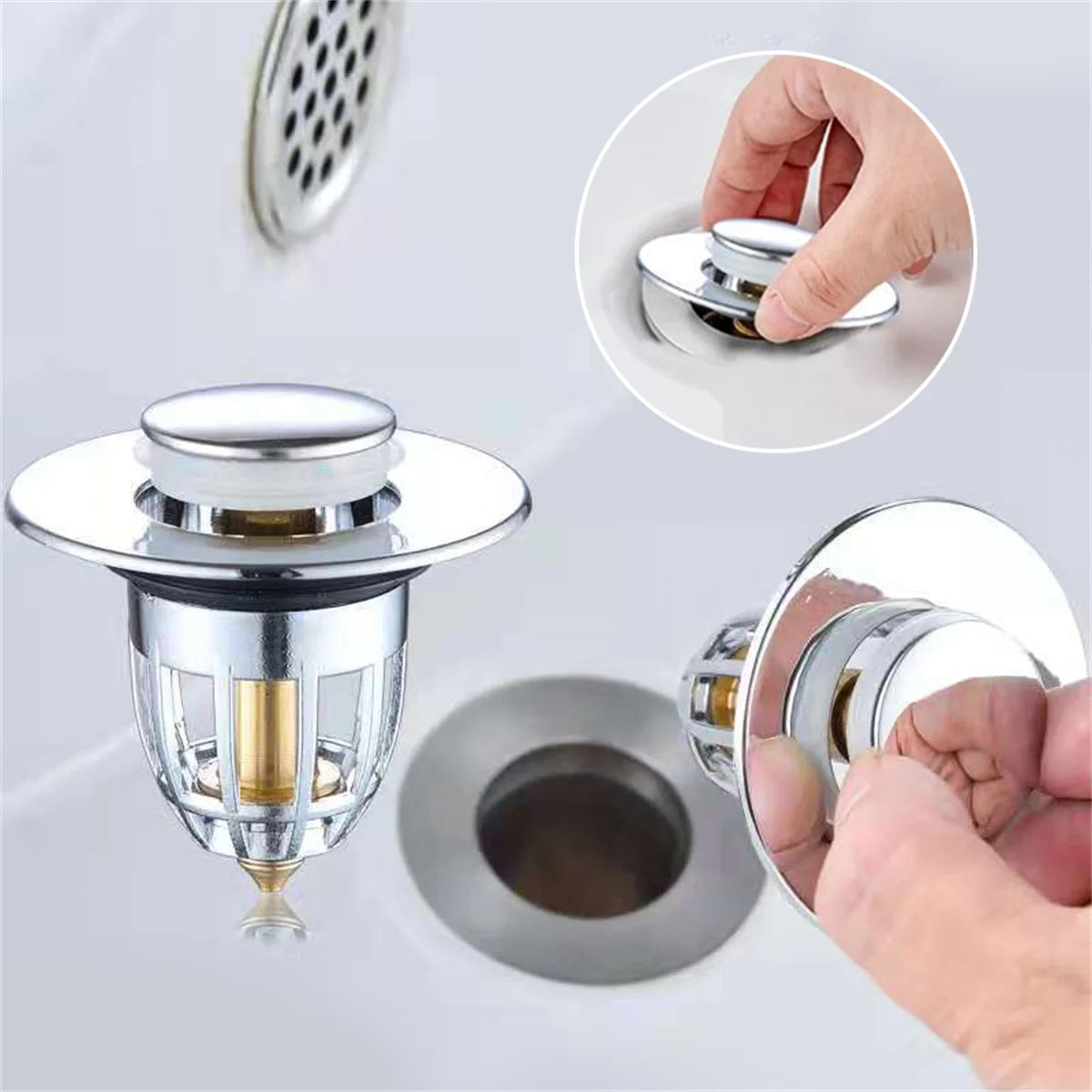 Universal Rebound Drain Plug Filter Basin Pop-up Chrome Sink Filter with Hair Catcher Bathroom Sink Drain Stopper Easy Push Type - Smarsty