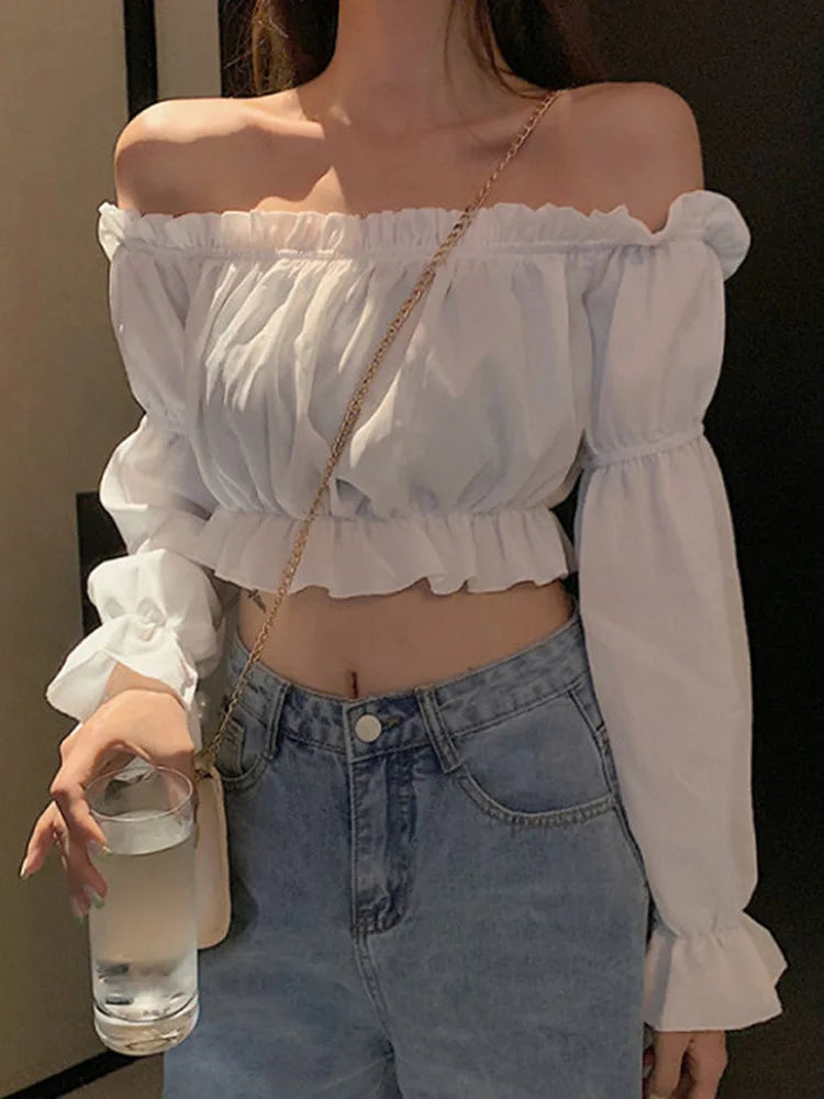 Women Top Sexy Blouse Off Shoulder Top Long Sleeve Solid Color White Shirt Puff Sleeve Ruffle Tunic Crop Top Summer Tube Top - Smarsty