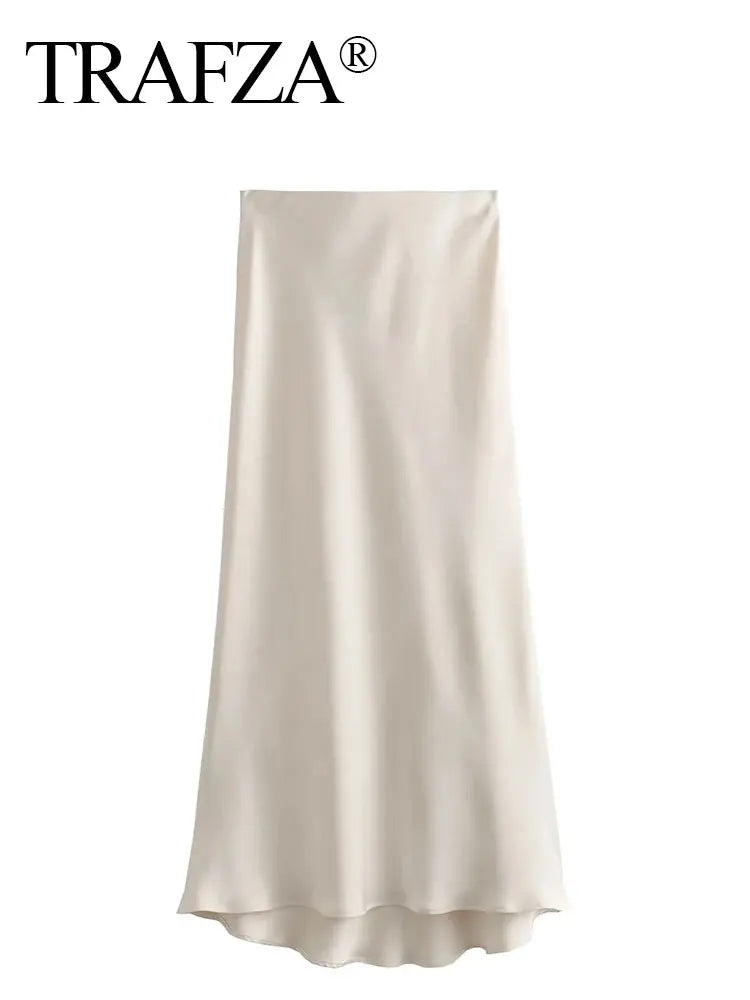 TRAFZA 2024 Y2K Casual Women Long Skirt Spring Elastic High Waisted A-Line Casual Female Satin Skirts High Street Lady Skirts - Smarsty