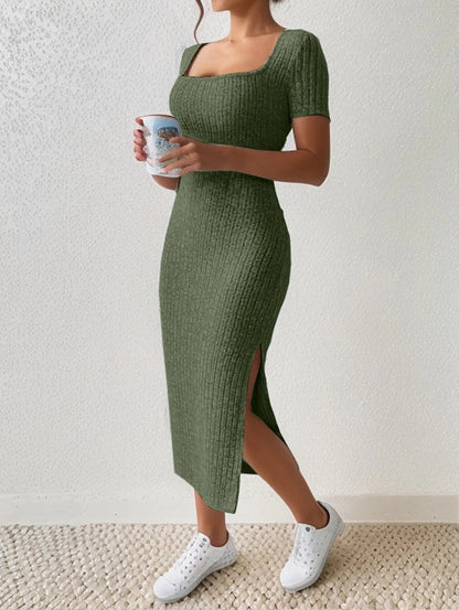 Summer Square Neck, Hip-Hugging Mid-Length Skirt, Short-Sleeved, Versatile Knitted Slit Dress - Smarsty
