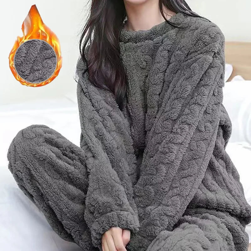 Autumn Women Solid Warm 2 Piece Sets Thicken Velvet Ribbed Fleece Set Pullover And Pants Women Casual Pajama Sets 2024 - Smarsty