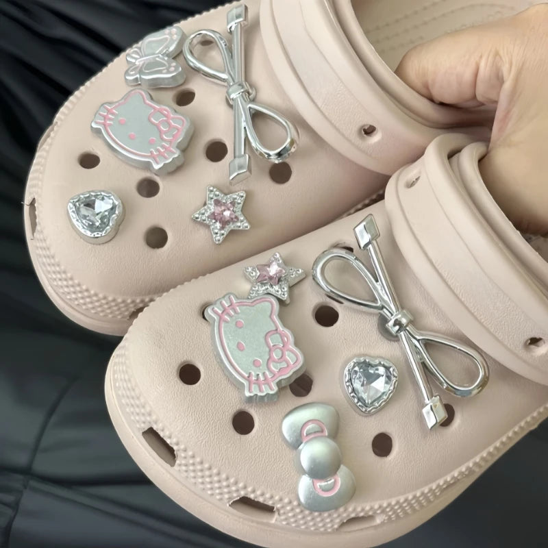 MINISO Silvery Hello Kitty Set Girls Women Shoe Charms DIY Hole Shoes Detachable Buckle Garden Shoes Accessories Festival Gift
