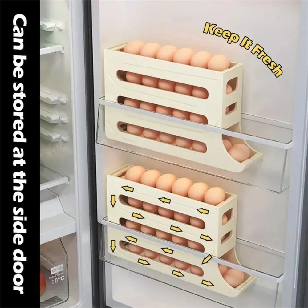 Refrigerator Egg Storage Box, 4 Tier Rolling Egg Holder Dispenser, Kitchen Automatic Scrolling Egg Holder Kitchen