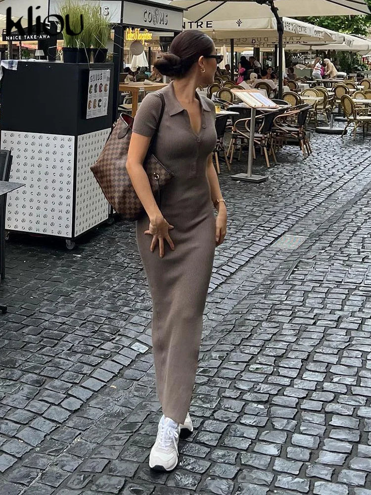Kliou Elegant Office Lady Maxi Dress Women Solid Fashion Turn-down Collar Short Sleeve Button Side Slit Body-Shaping Street Robe - Smarsty
