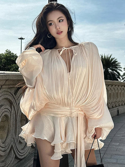 TWOTWINSTYLE Elegant Ruched Mini Dress For Women Round Neck Lantern Long Sleeve High Waist Temperament Dresses Female Fashion - Smarsty