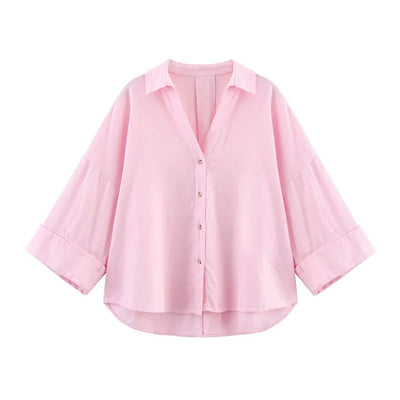 HipSeam Wide Sleeved Shirt Women Spring Asymmetric Hem Button Women's Shirts Simple Lady Johnny Collar Linen Shirts & Blouses - Smarsty