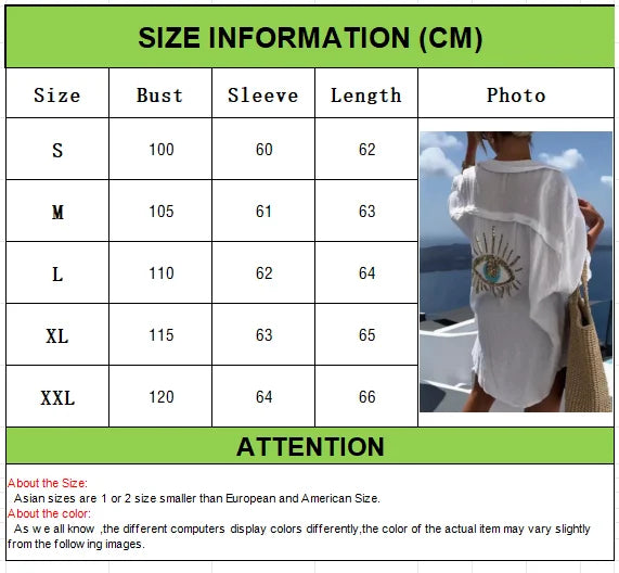 Casual Bright Sequin Evil Eye Shirt Women Summer Fashion Long Sleeve Loose Long Blouse Streetwear Turn-down Collar Cotton Tops - Smarsty